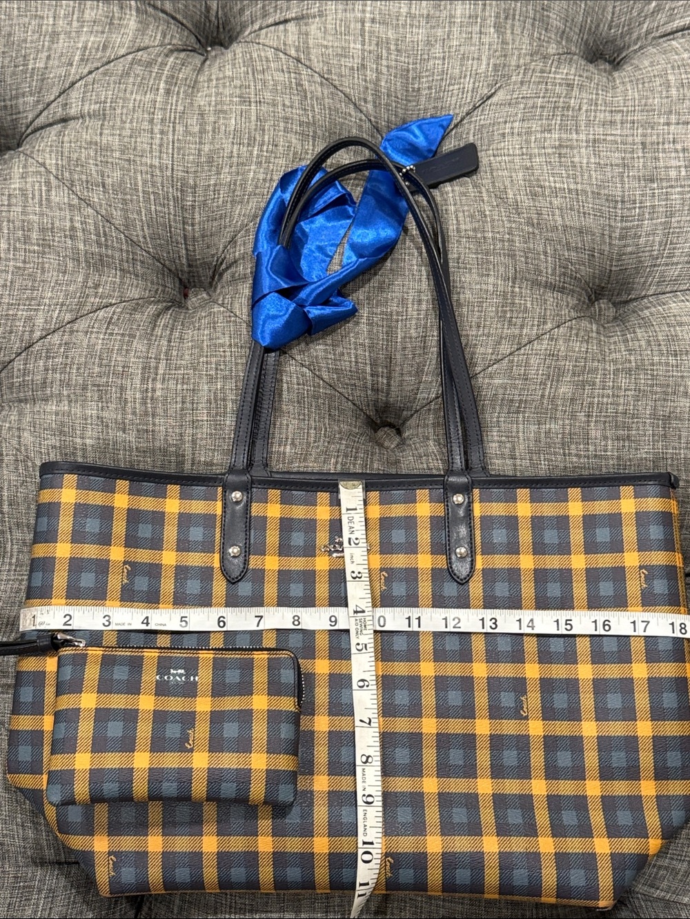 Coach Bag Reversible Plaid Checkered Yellow Blue City Tote with Removable Pouch - Picture 12 of 17
